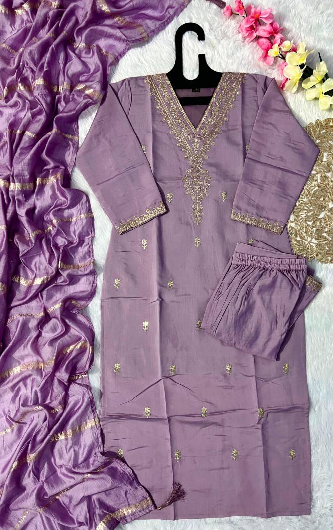 VT Designer Lavender Roman Silk Embroidery Kurti With Bottom Dupatta Wholesale Market In Surat
